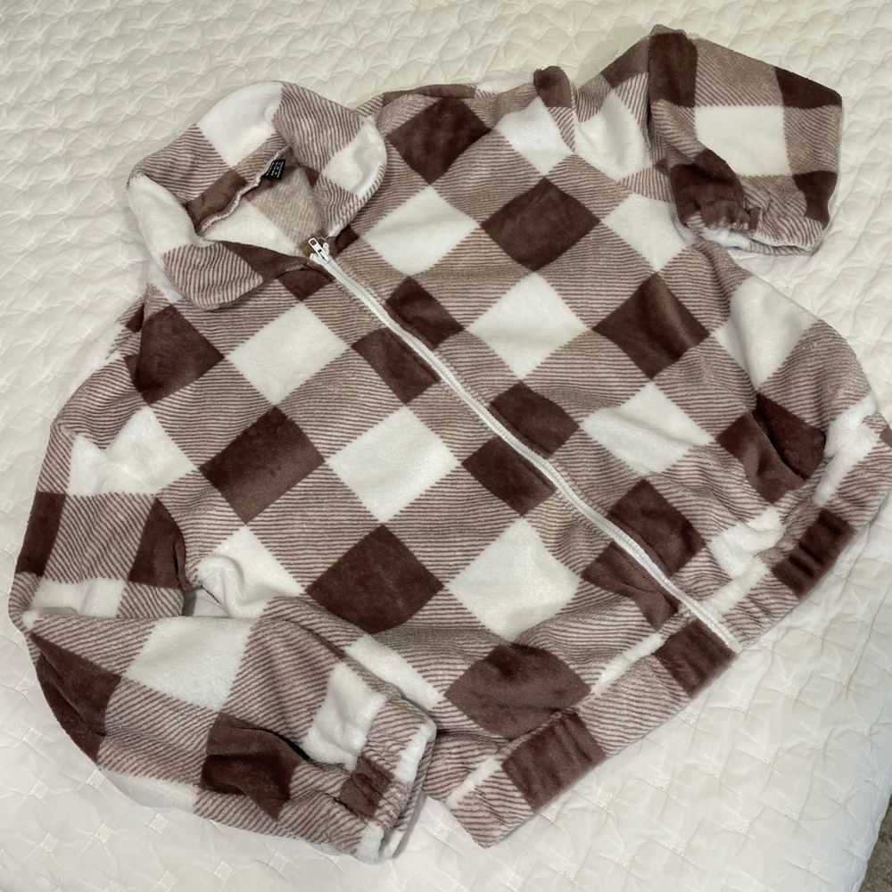 SHEIN Brown and White Plaid Bomber Jacket